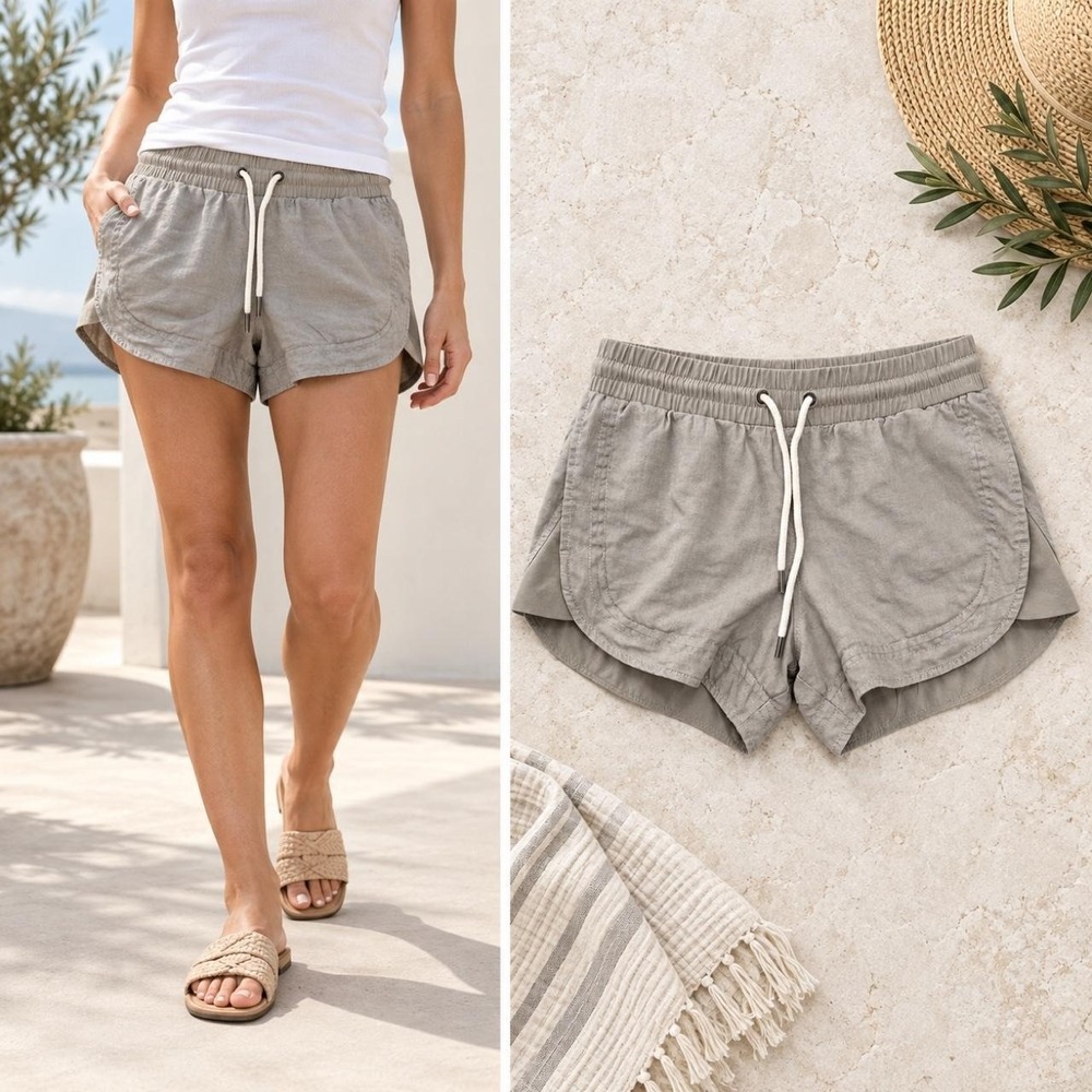 Athleta Beachside Bali Shorts Women's 2 Gray 100% Linen Drawstring Pocket Beachy